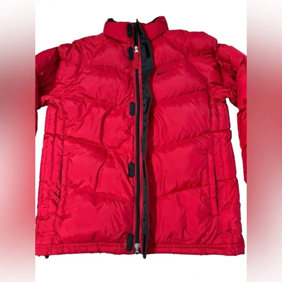 VTG Nike Puffer Down Filled Coat Mens Large Red Back Center Swoosh Y2K
